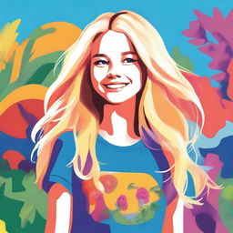 A digital illustration of a young blonde female teenager with a cheerful expression