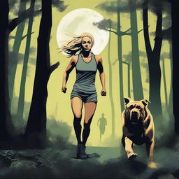 A blonde woman in running gear is being hunted through a dense forest by a Mastiff dog