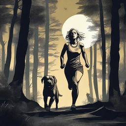 A blonde woman in running gear is being hunted through a dense forest by a Mastiff dog