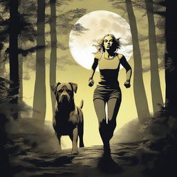 A blonde woman in running gear is being hunted through a dense forest by a Mastiff dog