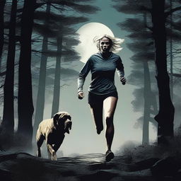 A blonde woman in running gear is being hunted through a dense forest by a Mastiff dog