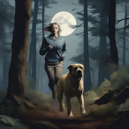 A blonde woman in running gear is being hunted through a dense forest by a Mastiff dog