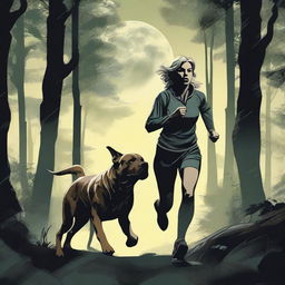 A blonde woman in running gear is being hunted through a dense forest by a Mastiff dog