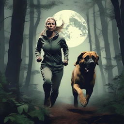 A blonde woman in running gear is being hunted through a dense forest by a Mastiff dog