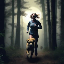 A blonde woman in running gear is being hunted through a dense forest by a Mastiff dog