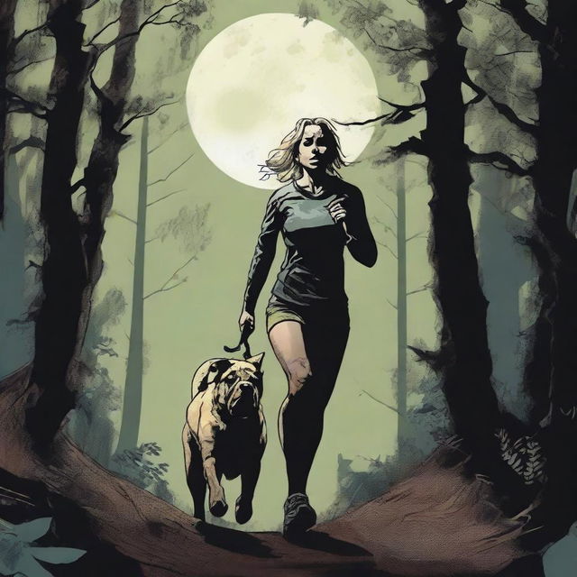 A blonde woman in running gear is being hunted through a dense forest by a Mastiff dog