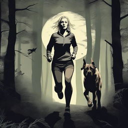 A blonde woman in running gear is being hunted through a dense forest by a Mastiff dog