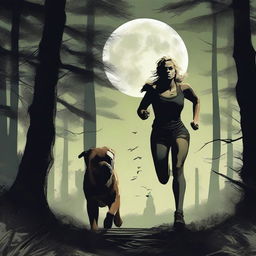 A blonde woman in running gear is being hunted through a dense forest by a Mastiff dog