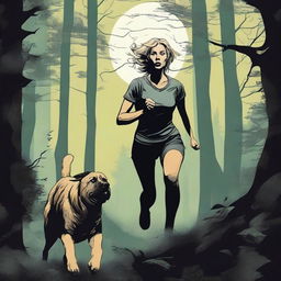 A blonde woman in running gear is being hunted through a dense forest by a Mastiff dog