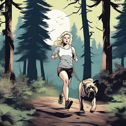 A blonde woman in running gear is being hunted through a dense forest by a Mastiff dog