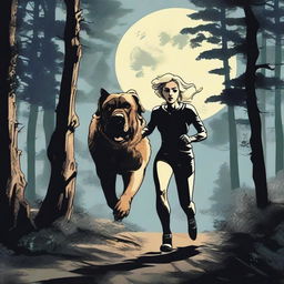 A blonde woman in running gear is being hunted through a dense forest by a Mastiff dog