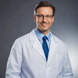 A heroic character known as Dr X, wearing a white lab coat and glasses, with intelligent eyes and a confident smile.