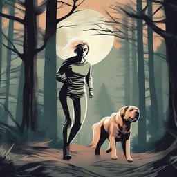 A blonde woman in running gear is being hunted through a dense forest by a Mastiff dog