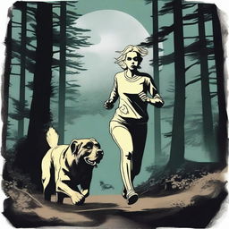 A blonde woman in running gear is being hunted through a dense forest by a Mastiff dog