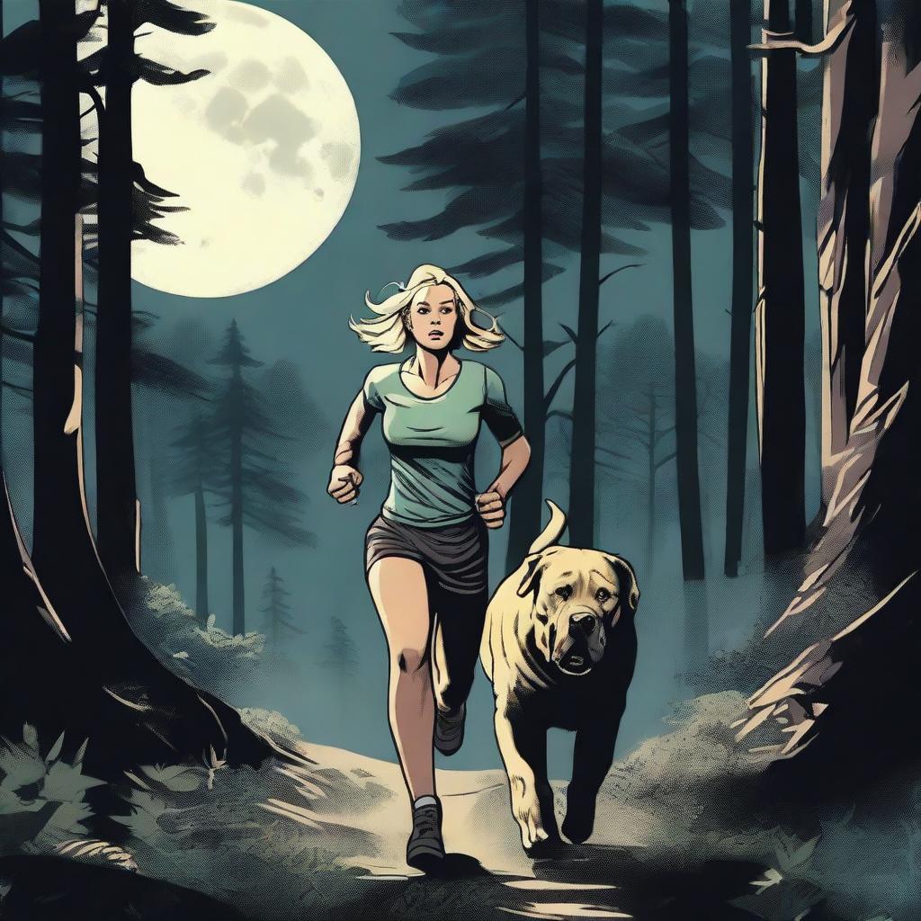 A blonde woman in running gear is being hunted through a dense forest by a Mastiff dog