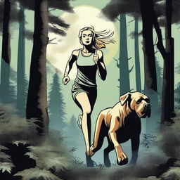 A blonde woman in running gear is being hunted through a dense forest by a Mastiff dog