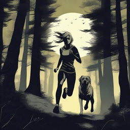 A blonde woman in running gear is being hunted through a dense forest by a Mastiff dog