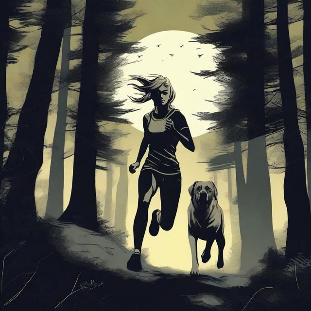 A blonde woman in running gear is being hunted through a dense forest by a Mastiff dog