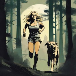 A blonde woman in running gear is being hunted through a dense forest by a Mastiff dog