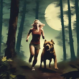 A blonde woman in running gear is being chased through a dense forest by a Mastiff dog