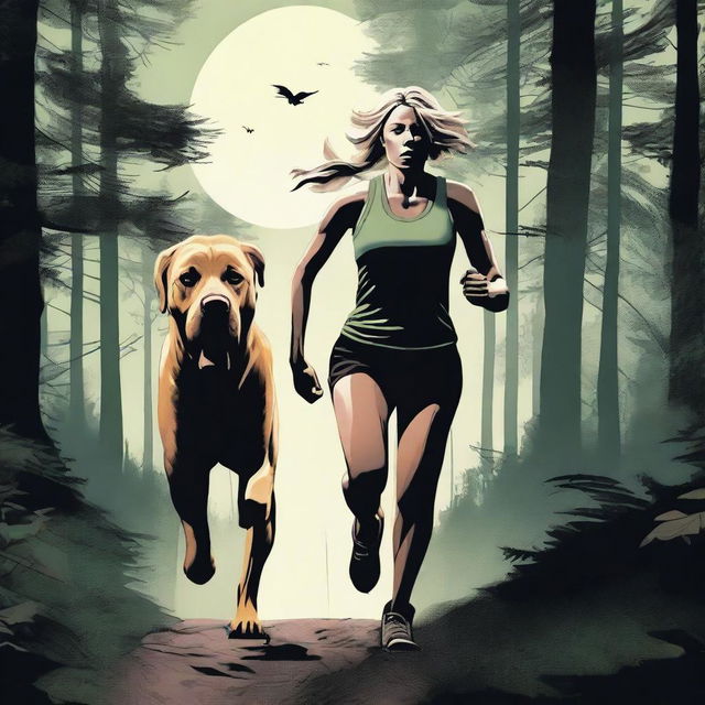 A blonde woman in running gear is being chased through a dense forest by a Mastiff dog