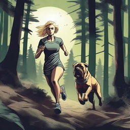 A blonde woman in running gear is being chased through a dense forest by a Mastiff dog