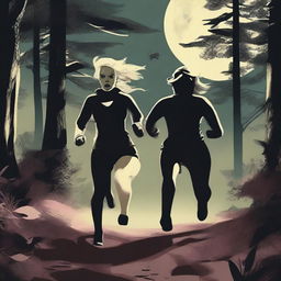 A blonde woman in running gear is being chased through a dense forest by a Mastiff dog