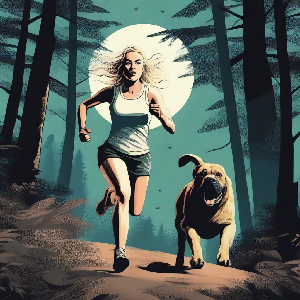 A blonde woman in running gear is being chased through a dense forest by a Mastiff dog