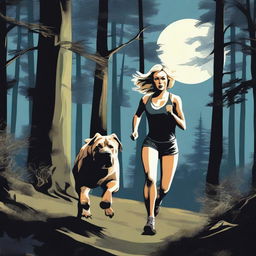 A blonde woman in running gear is being chased through a dense forest by a Mastiff dog