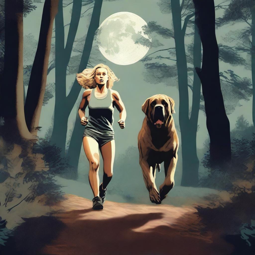 A blonde woman in running gear is being chased through a dense forest by a Mastiff dog