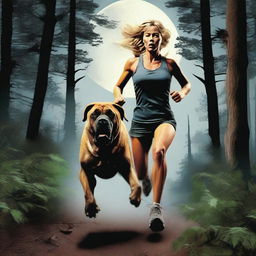 A blonde woman in running gear is being chased through a dense forest by a Mastiff dog