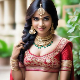 A beautiful Indian girl with traditional attire, showcasing her deep and prominent navel