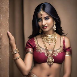 A beautiful Indian girl with traditional attire, showcasing her deep and prominent navel