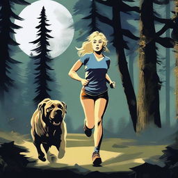 A blonde woman in running gear is being chased through a dense forest by a Mastiff dog