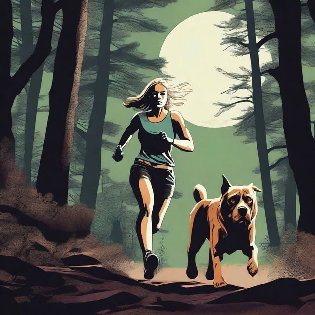 A blonde woman in running gear is being chased through a dense forest by a Mastiff dog