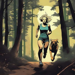 A blonde woman in running gear is being chased through a dense forest by a Mastiff dog