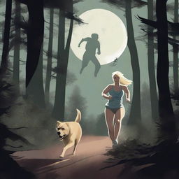 A blonde woman in running gear is being chased through a dense forest by a Mastiff dog