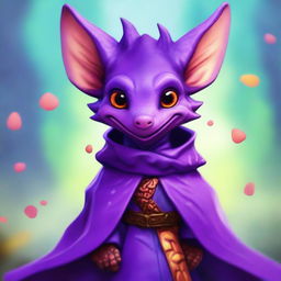 A cute male kobold with purple, scaly skin, wearing a cloak