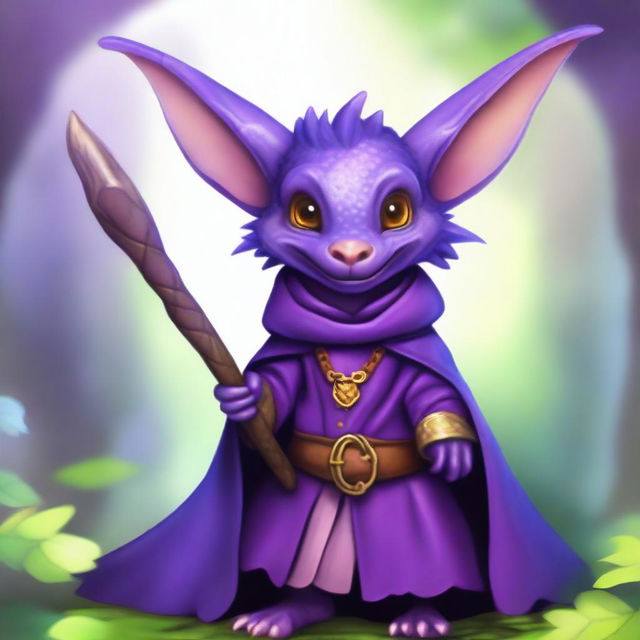 A cute male kobold with purple, scaly skin, wearing a cloak