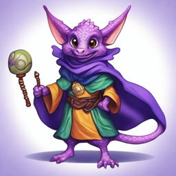 A cute male kobold with purple, scaly skin, wearing a cloak