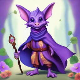 A cute male kobold with purple, scaly skin, wearing a cloak