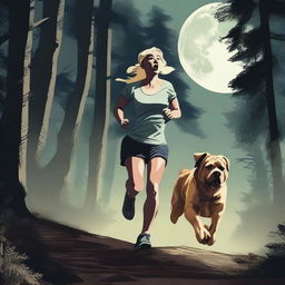 A blonde woman in running gear is being chased through a dense forest by a Mastiff dog