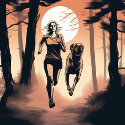 A blonde woman in running gear is being chased through a dense forest by a Mastiff dog