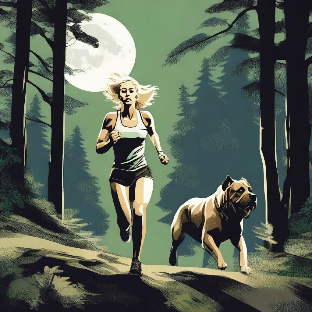 A blonde woman in running gear is being chased through a dense forest by a Mastiff dog