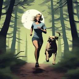 A blonde woman in running gear is being chased through a dense forest by a Mastiff dog