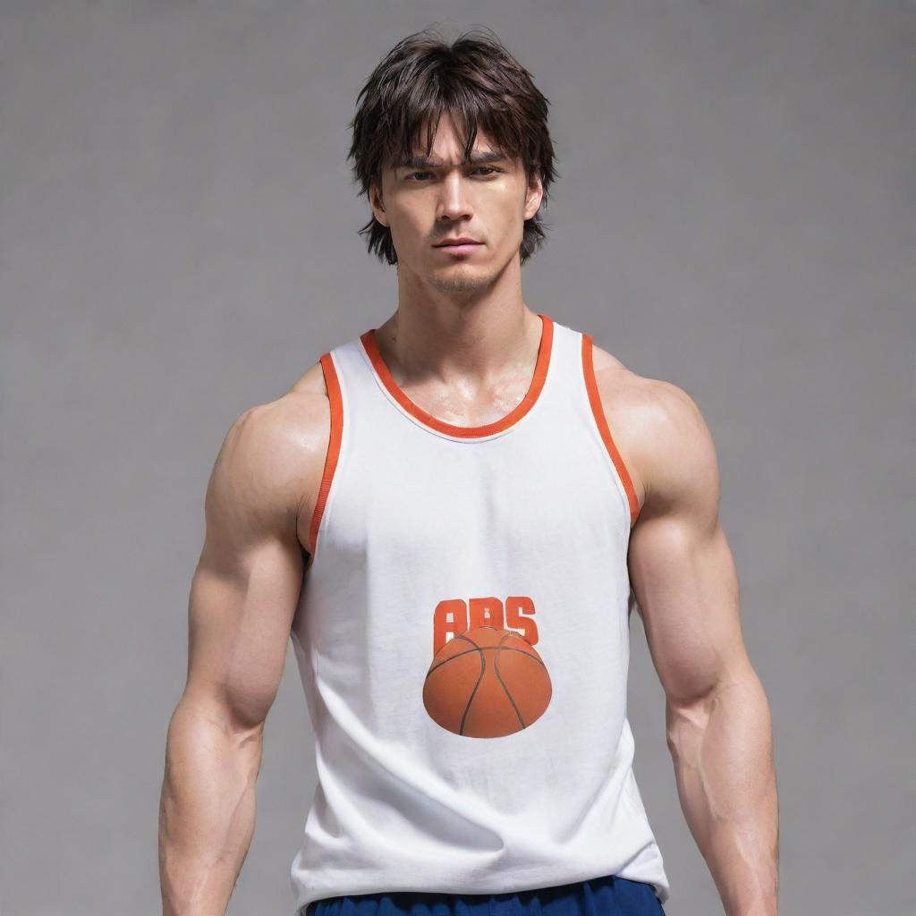 Anime style muscular male character with a short mullet hairstyle, wearing a half-sleeved basketball t-shirt, wiping sweat with his shirt which reveals his chiseled abs.