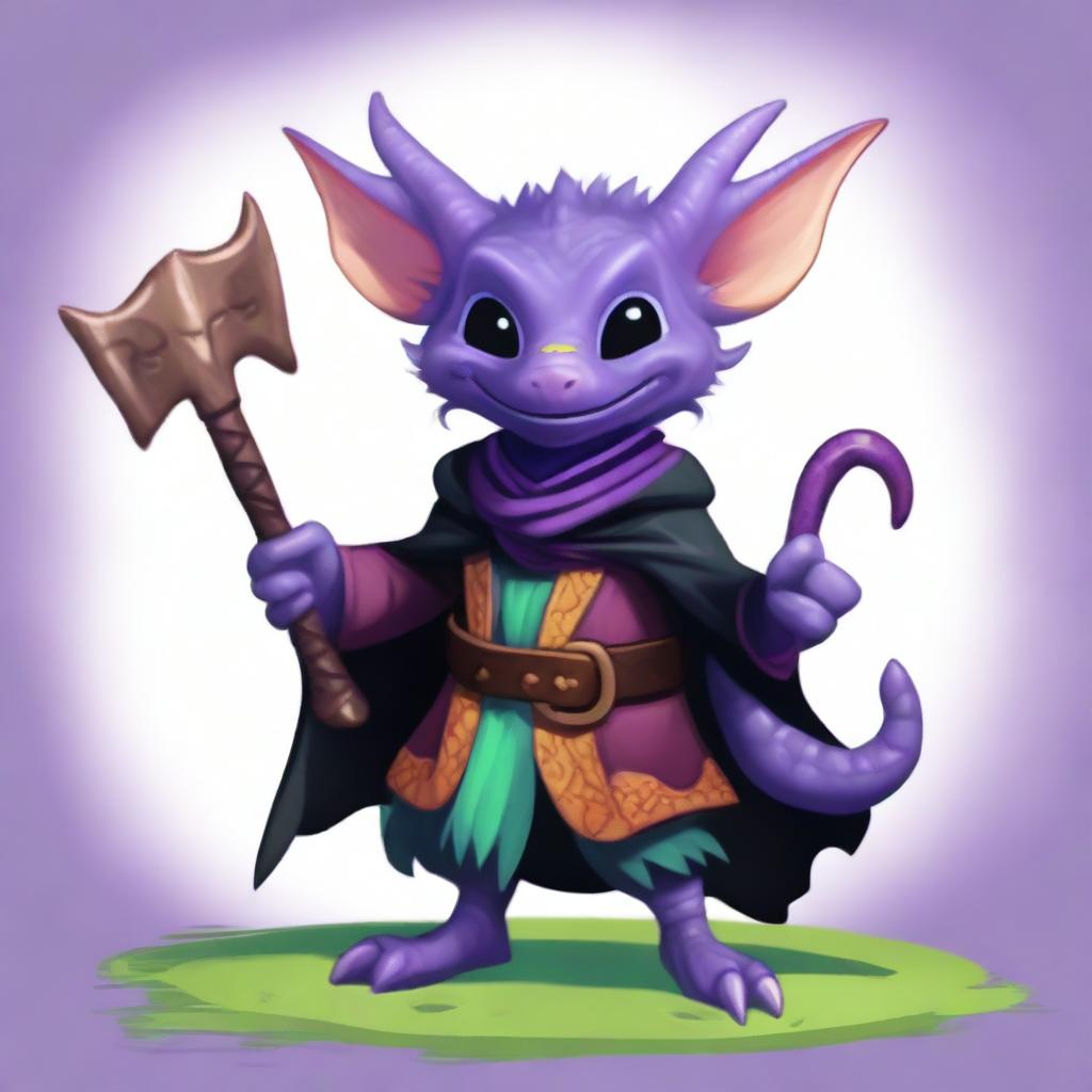 A cute male kobold with purple, scaly skin, wearing a black cloak