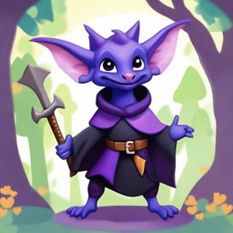 A cute male kobold with purple, scaly skin, wearing a black cloak