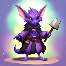 A cute male kobold with purple, scaly skin, wearing a black cloak