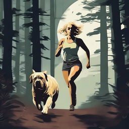 A blonde woman in running gear is being chased through a dense forest by a Mastiff dog